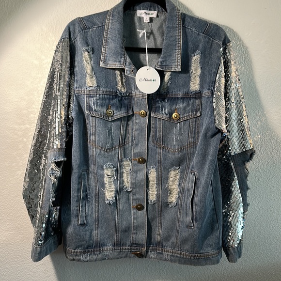 Macaron Distressed Denim Jacket With Sequin Sleeves (Size S) - Picture 11 of 12